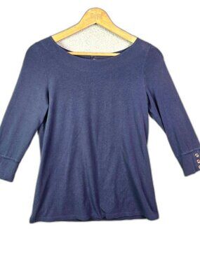 Lilly Pulitzer Top Navy S Pima Cotton Gold Button Cuffs Keyhole Back Preppy Knit